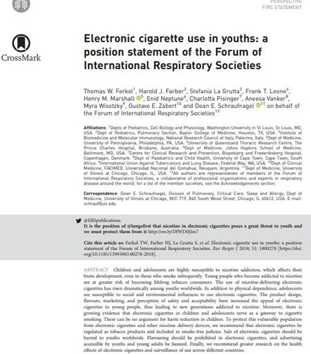 Electronic cigarette use in youths: a position statement of the Forum of International Respiratory Societies